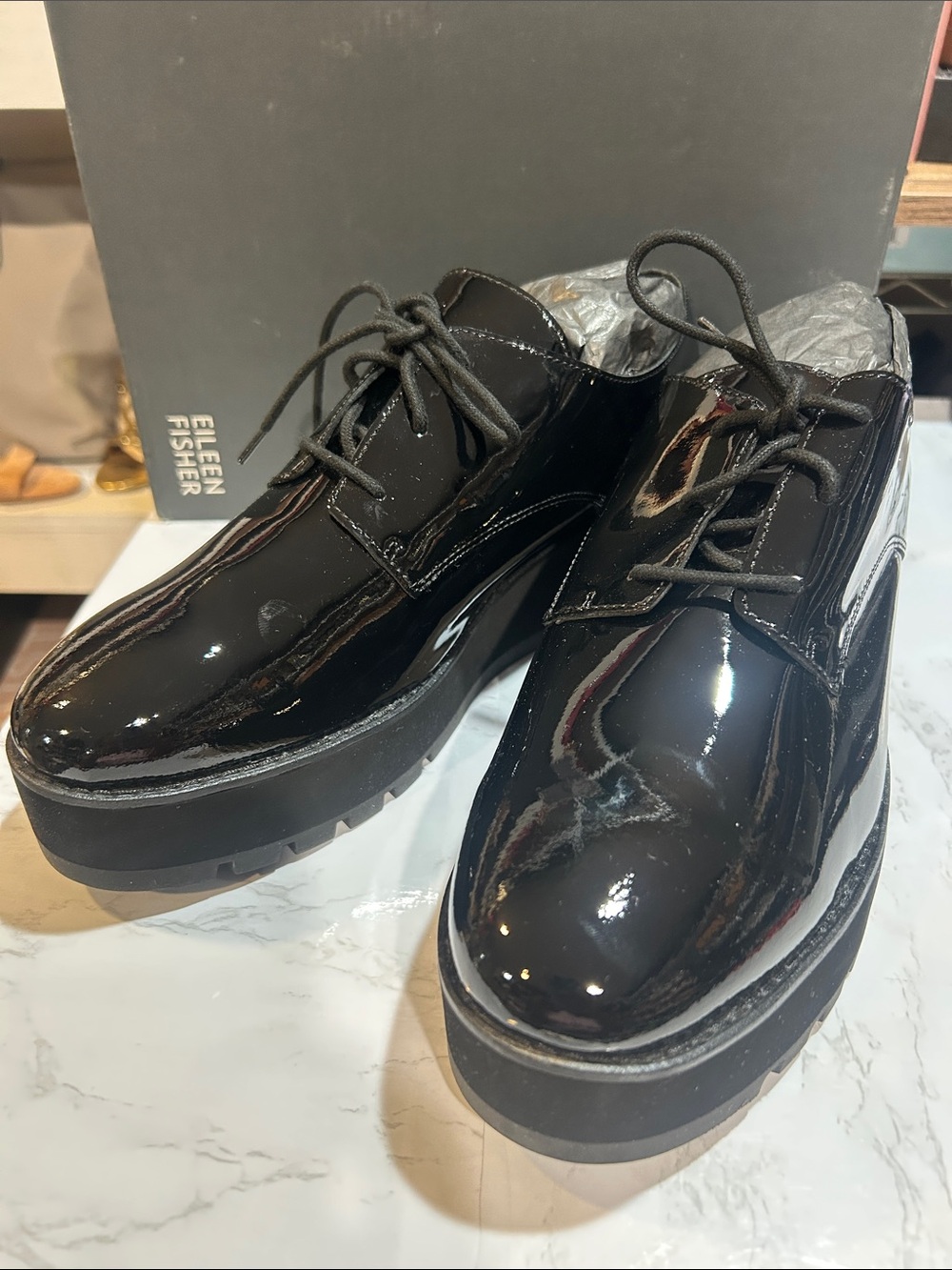 Eileen Fisher Eddy Black Patent Platform Lace-Up Boots - Picture 2 of 9